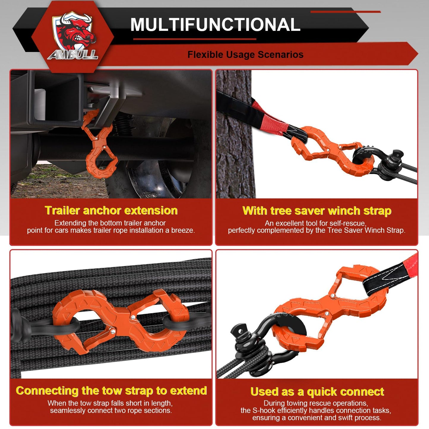 AMBULL 3/8 Tow Hook, Winch Hook for Off-Road Recovery, Towing Shackle 33000 Lbs, G80 Heavy Duty Strength Integrated Winch Quick Shackle, Orange