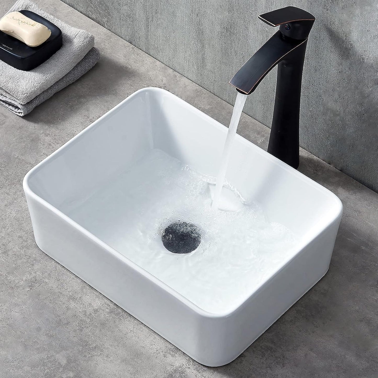 Ufaucet Bathroom Vessel Sink Rectangle, 16" X 12" White Bathroom Ceramic Vessel Sink Above Counter, Modern Porcelain Lavatory Small Above Counter Art Basin Vanity Sink, Lavamanos De Baño