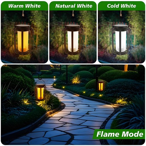 Solar Flame Camping Lantern, Solar Lantern Outdoor Lights with Base, Automatic Light Sensor, USB-C Charging, Waterproof Hanging Lanterns for Garden Yard Patio Backyard Porch Decor (2 PCS)