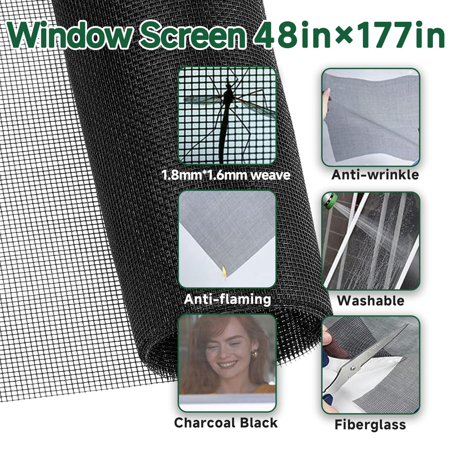 Windows Screen Replacement Kit and Screen Door Repair Kit 48"x177" Durable Fiberglass Screen Mesh Roll with All Tools in Window Screen & Sliding Screen Door Replacement for Windows, Patio and Porch