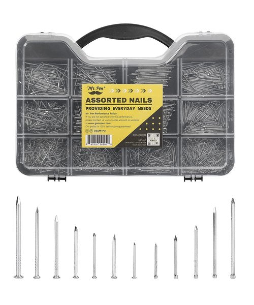 Mr. Pen- Nail Assortment Kit, 1500 Wrapped, Mixed 12 Sizes by the Brad & Flat Nails; Ideal for Picture Hanging