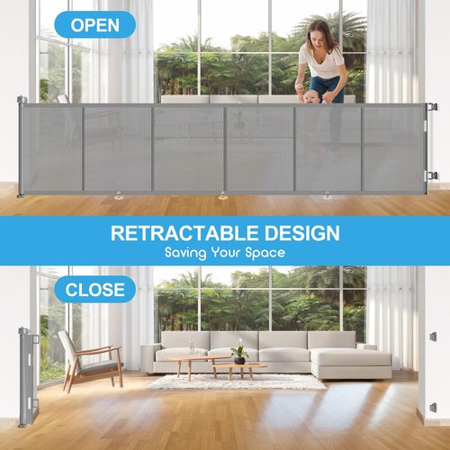 Upgrade 120 inch Retractable Baby Gates, EZIGO Extra Wide Baby Gate for Large Opening Extra Long Mesh Gate for Kids or Pet Dog Gate Child Safety Gate for Stairs Hallways Doorway Indoor Outdoor, Gray