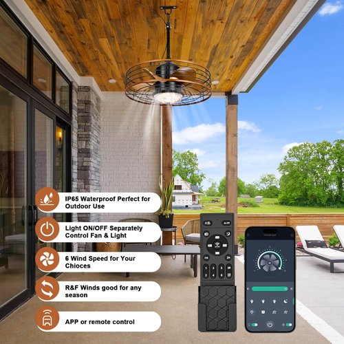20" Outdoor Ceiling Fan with Light for Patios Waterproof Caged Gazebo Fans Outdoor Hanging Lighting with Plug-in Cord, Dimmable LED, Remote APP Control, 6 Speeds for Pergola Porch Gazebo (Brown)