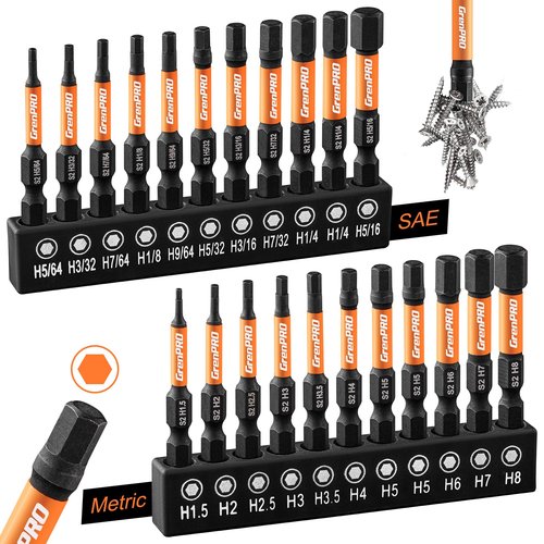 GRENPRO Allen Wrench Drill Bit Set 22pc Hex Bit Set, Impact Driver Bit Set, Screwdriver Bit Set, Allen Wrenches Sets, Allen Socket Set, 2" Long Metric&SAE 1/4" Hex Shank Magnetic Allen Key Drill Bits