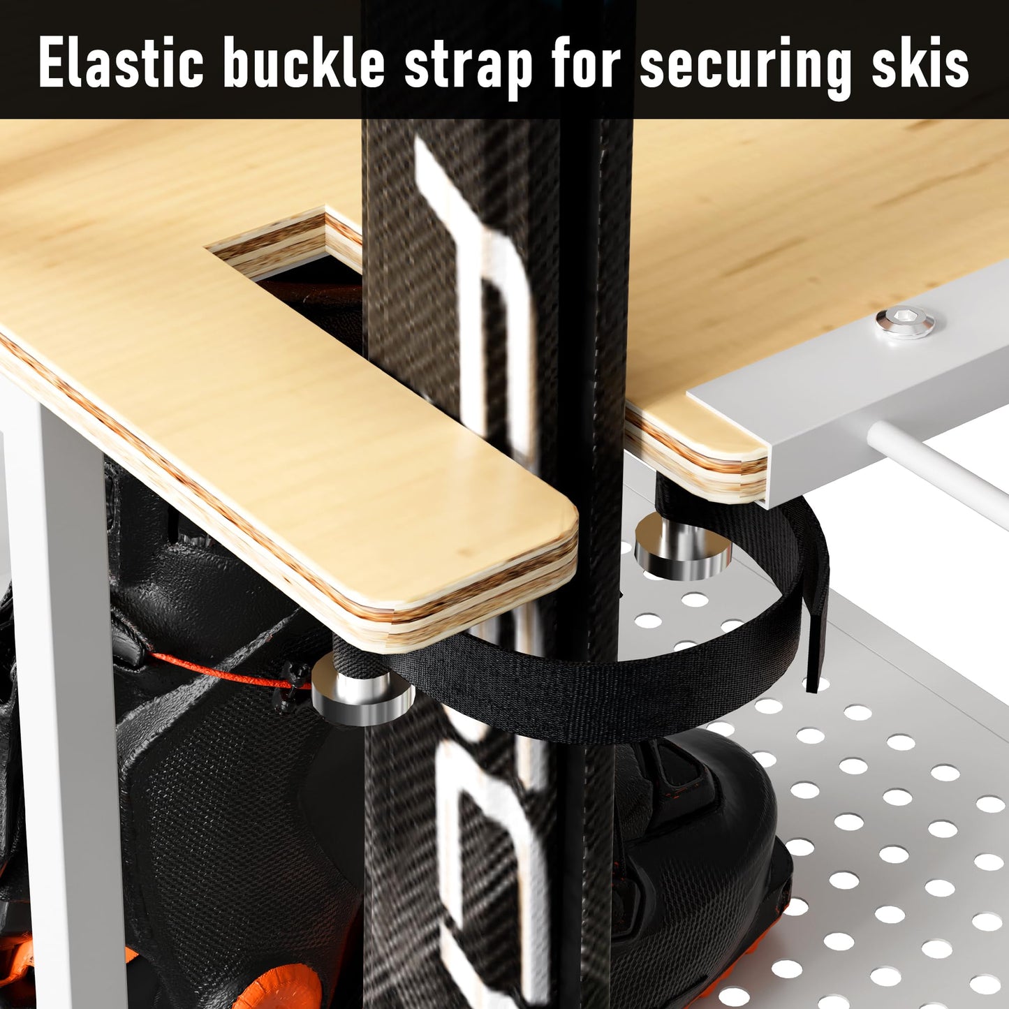 bimiti Freestanding Ski Rack for Garage, 2-Tier Ski Organizer with Storage for 4 Pairs of Skis, Boots, Poles, Goggles & Helmet, Space-Saving Ski Storage Rack for Home