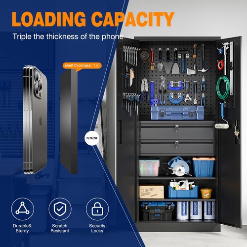 Yizosh Metal Garage Storage Cabinet with Locking Doors and 2 Drawers, Heavy Duty Steel Tool Cabinet with Pegboard, 71" - Lockable Cabinets for Garage, Warehouse, Basement (Black)