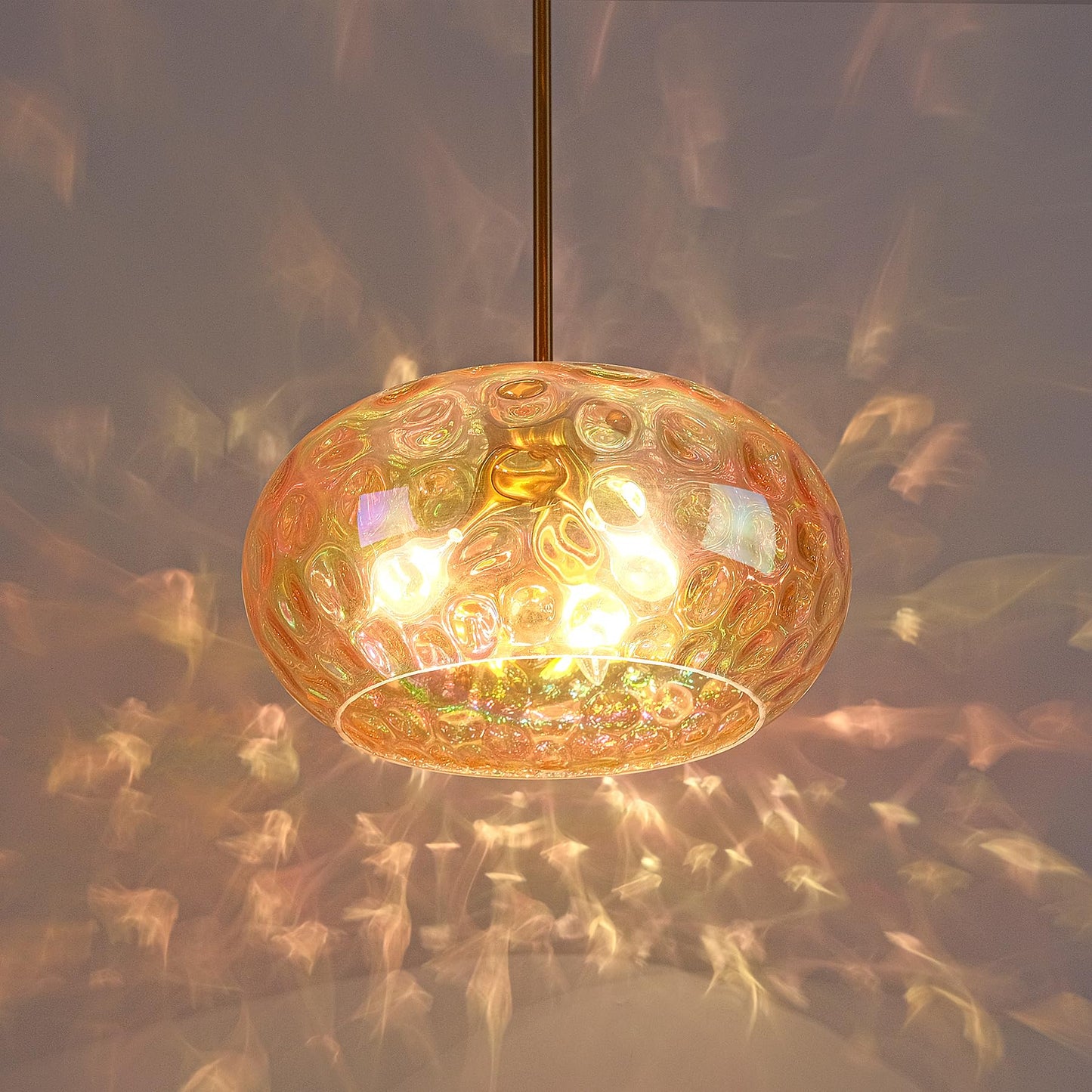 Wrlmfy Large Glass Pendant Lighting, Hammered Lampshade Chandelier with Height Adjustable Hanging Rods, Brass Gold Chandelier for Dining Living Room Kitchen Island (Colorful Deep Amber, 14 Inch)