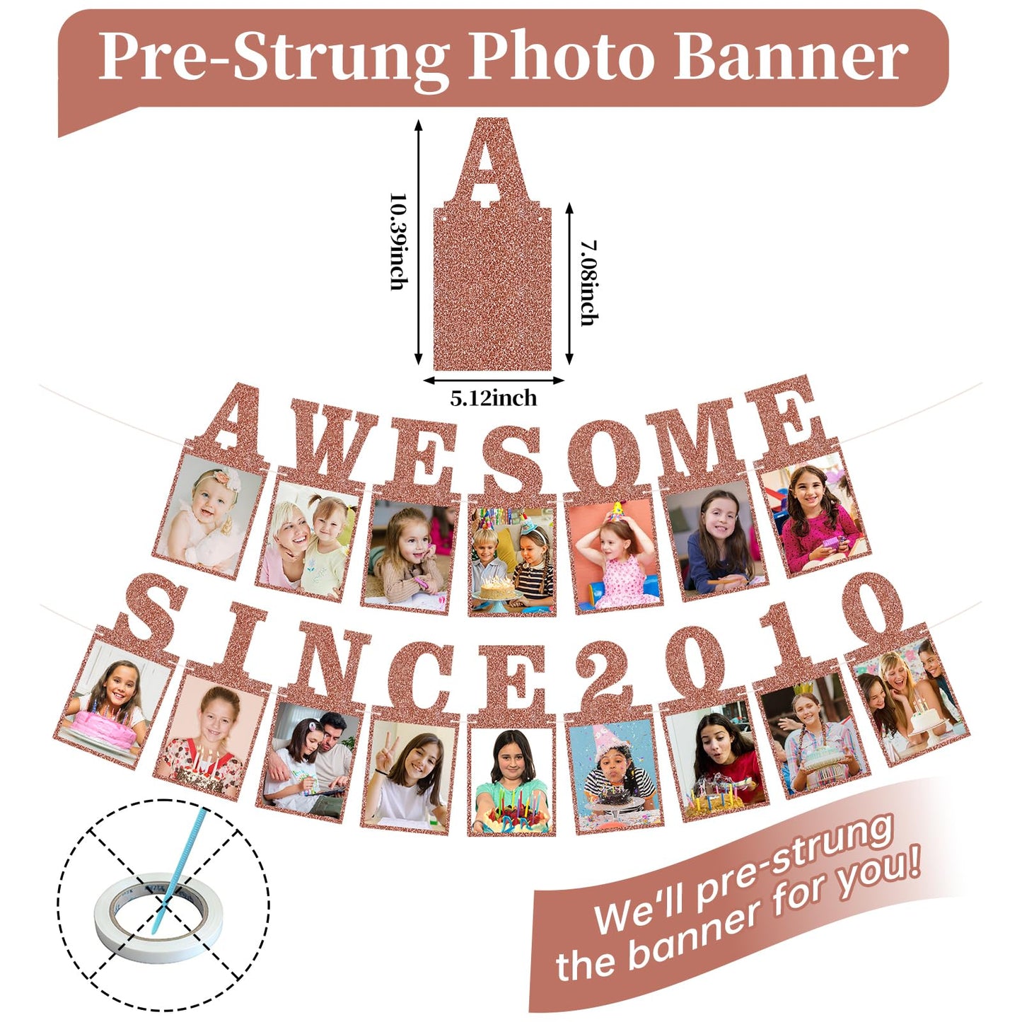 Pre-strung Awesome Since 2010 Photo Banner Birthday Decorations for Girls Women- Pink Rose Gold Glitter Sweet 16th Birthday and Anniversary Decorations Party Supplies