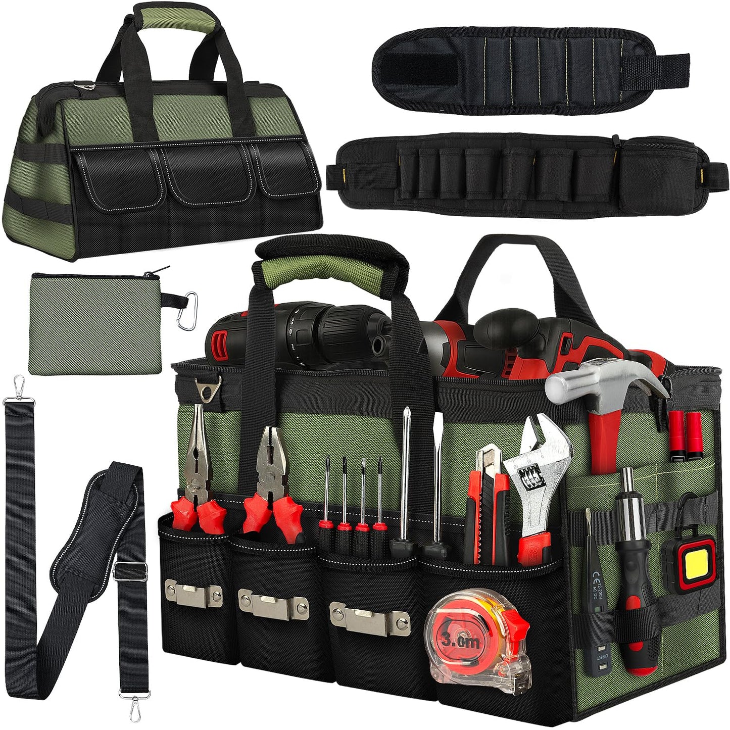 KUMDIYIT 22 Inch Heavy Duty Tool Bag-48 Pockets,1680D Tear&Abrasion Resistant,Includes Tool Pouch,Tool Belt,Magnetic Wristband&Adjustable Shoulder Strap | Tool Organizer(Green)
