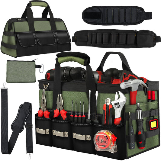 KUMDIYIT 22 Inch Heavy Duty Tool Bag-48 Pockets,1680D Tear&Abrasion Resistant,Includes Tool Pouch,Tool Belt,Magnetic Wristband&Adjustable Shoulder Strap | Tool Organizer(Green)