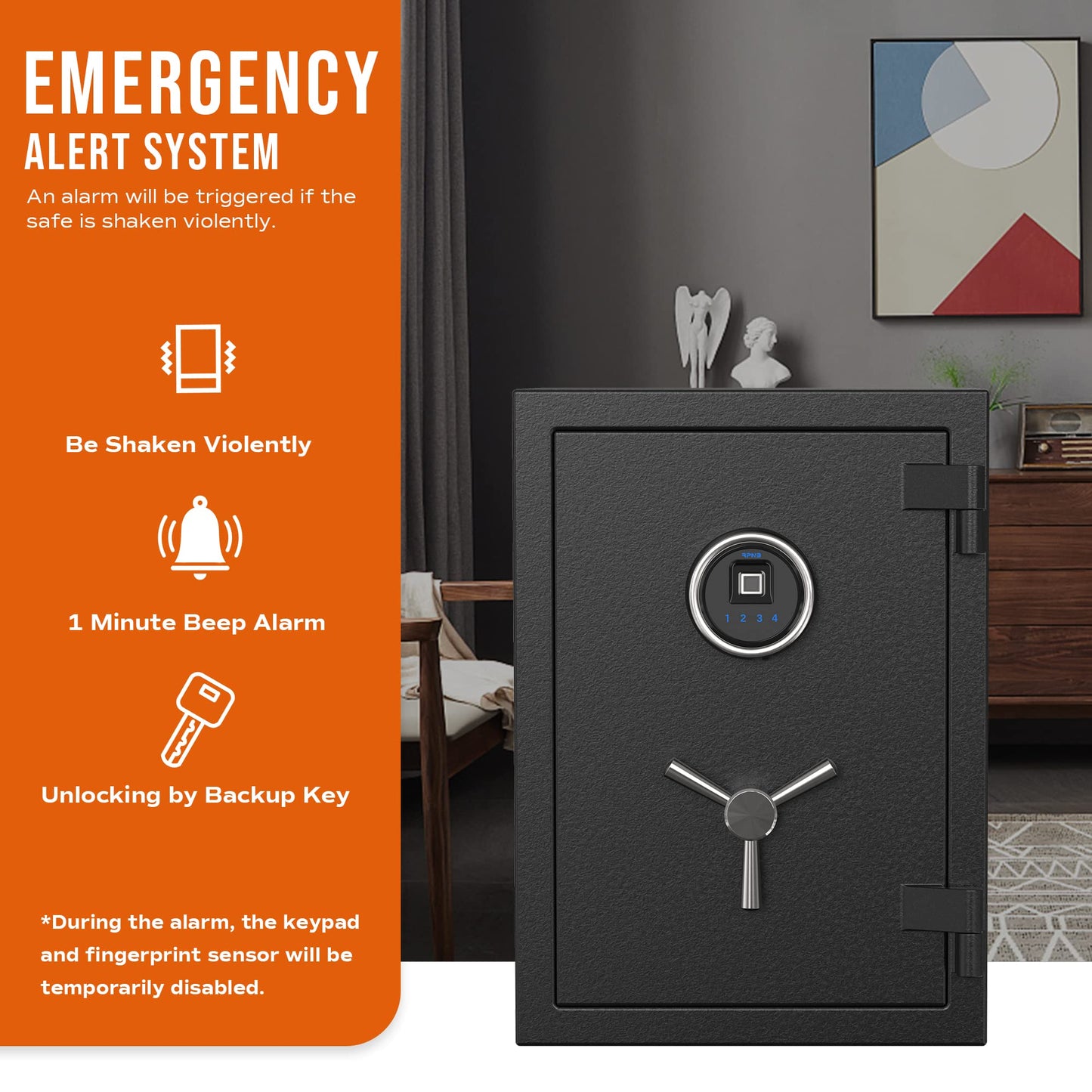 RPNB Deluxe Biometric Fireproof Safe Box,Digital Fingerprint Fireproof Waterproof Safe with Touch Screen,Removable Shelf and 3 Spoke Handle,Home Safes for Cash Documents Jewelry,1.29 Cubic Feet