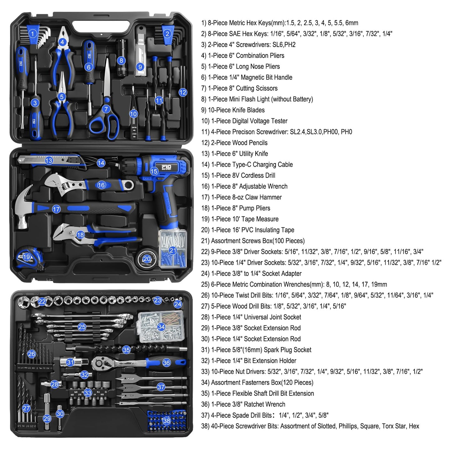 Prostormer Tool Set with 8V Cordless Drill, 369-Piece Home Tool Kit with Drill Driver, Toolbox Storage Case with Drawer, General Household Tools for Home Repairs and DIY, Handyman (Blue)