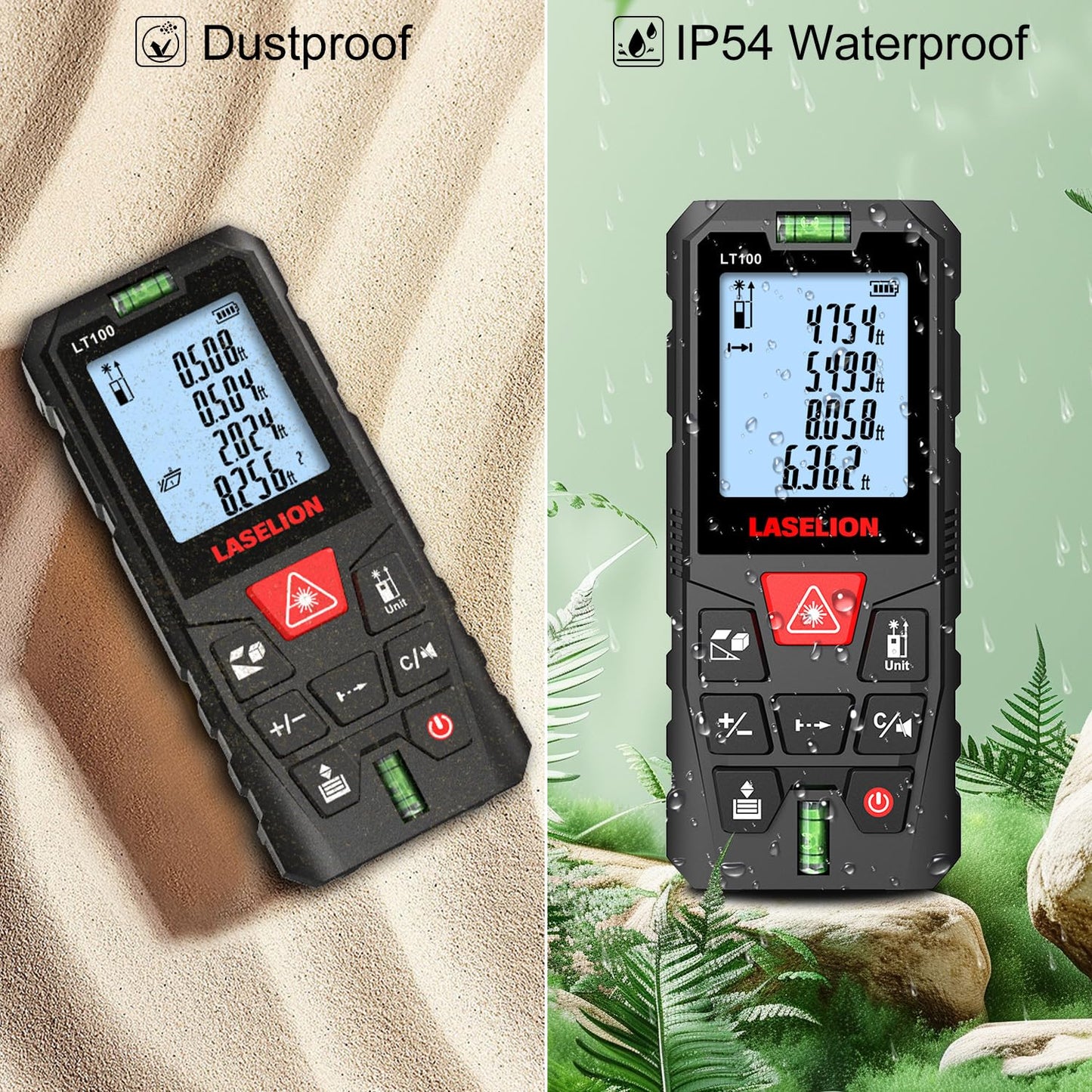 LT100 Laser Measure, 328ft/100m Laser Measurement Tool, with 2 Bubble Levels, Measuring Tool 4 Units Conversion、LCD Backlit Display, IP54 Waterproof, Pythagorean Mode for Distance, Area, Volume