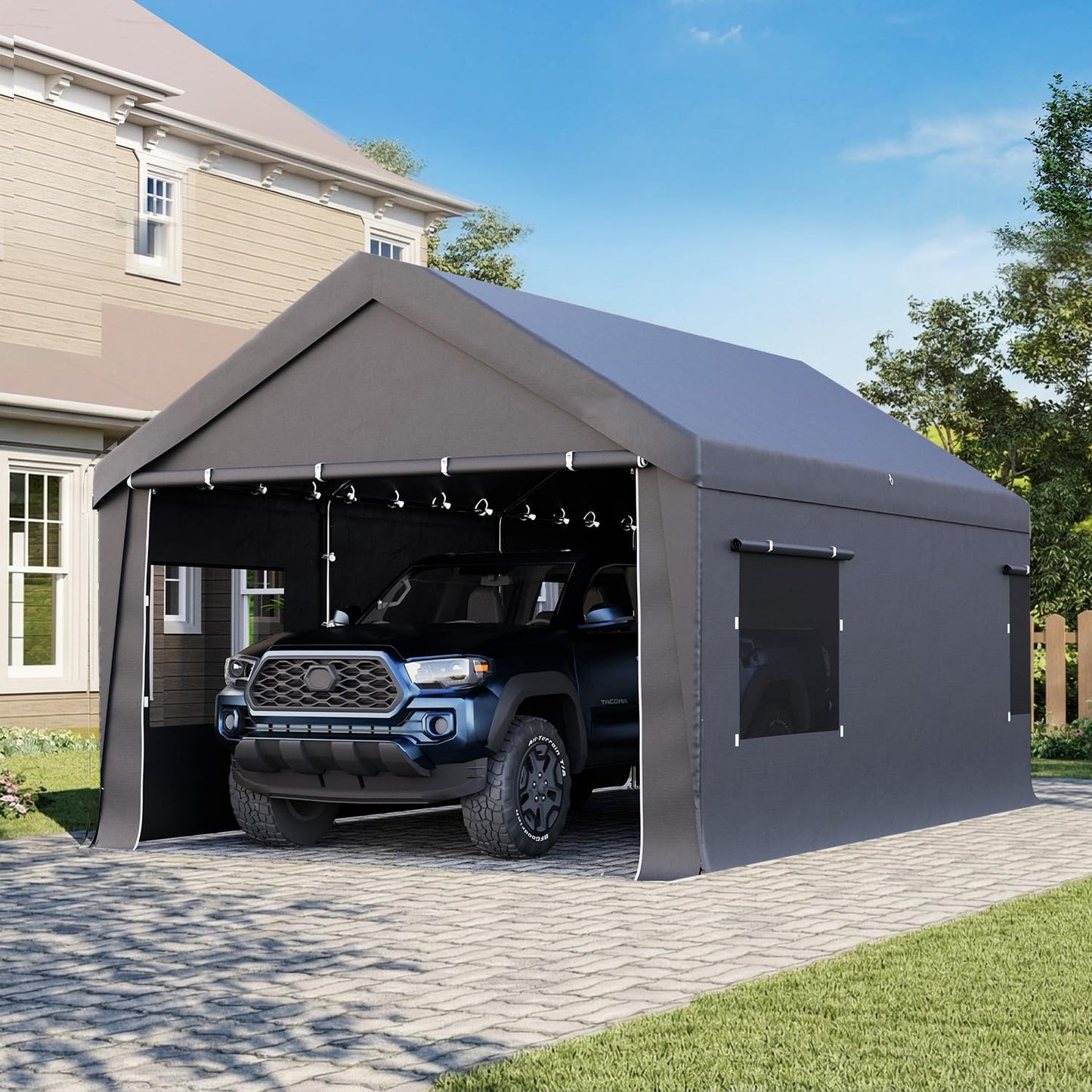 Bezseller 12x20 FT Heavy Duty Carport Canopy with Removable Sidewalls, Portable Garage Tent with Roll-Up Windows & Doors, Car Port with All-Season Tarp for Cars, Boats, Trucks, Motorcycles, Gray