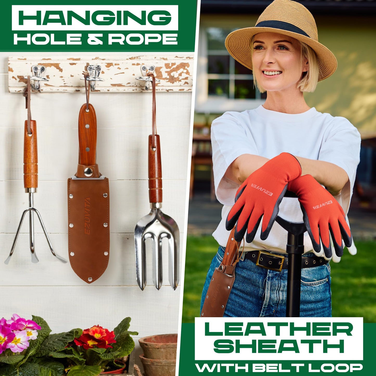 EZUVITA Hori Hori Garden Knife, Gardening Tools with Leather Sheath for Weeding, Gardening, Digging, 7” Stainless Steel Blade with Black Electrophoresis Coating, Double Cutting Edge, Full Tang Wood Handle with Hanging Hole, Fathers Day Gift