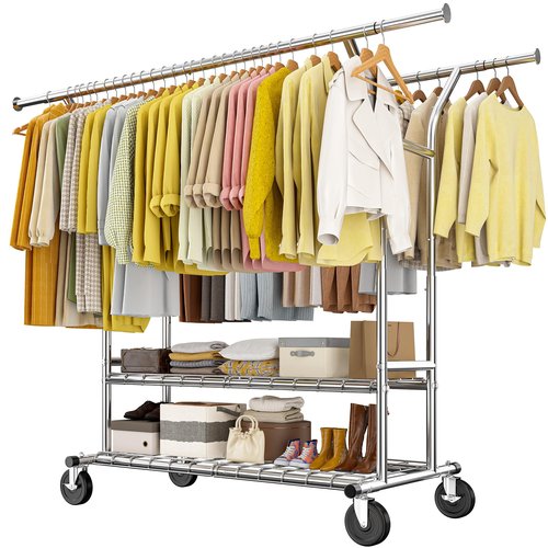Raybee 74" W Clothes Rack, Clothing Rack, Double Rods Clothing Racks for Hanging Clothes, Load 441 LBS Heavy Duty Clothes Rack with Wheels, Adjustable Garment Rack Portable