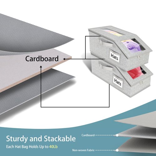 Stackable Hat Storage for Baseball Caps, 2 PCS Hat Storage Boxes for Closet, Holds up to 30 Caps with Cardboard, Hat Organizer for Women & Men(Two Clear Window) (Grey)