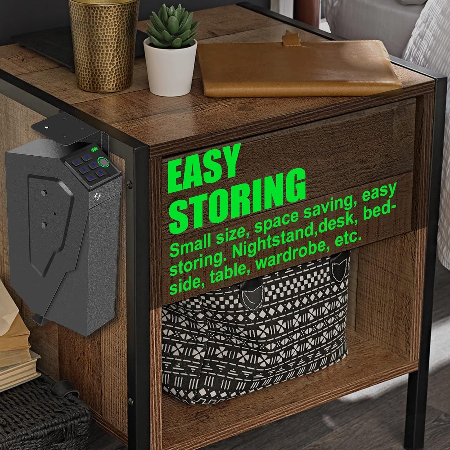 Biometric Mounted Handgun Gun Safe for Nightstand, Desk, Bed Side, Wall,Truck - Auto Open Hidden Hand Gun Safe for Pistol -with Fingerprint, 6-button Backlit Keypad, KEY Access