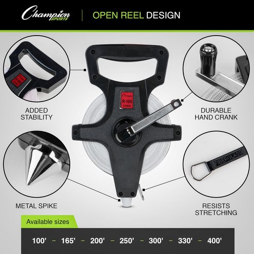 Champion Sports Open Reel Measure Tape, 400 ft, 120 Meters, with Metal Spike, Hand Crank - Open Tape Measure for Track and Field, Long Jump - Durable, Dual-Sided Measuring Reel with Feet and Meters
