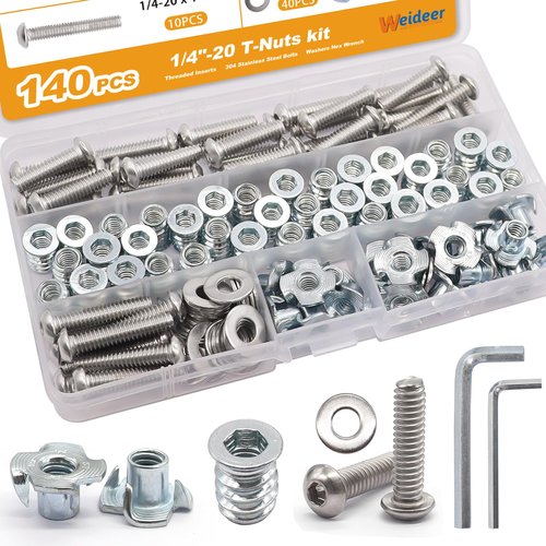 weideer 140PCS 1/4"-20 T-Nuts,1/4"-20 Threaded Inserts for Wood,304 Stainless Steel Bolts,Button Head Hex Socket Bolts with Washers Hex Wrench