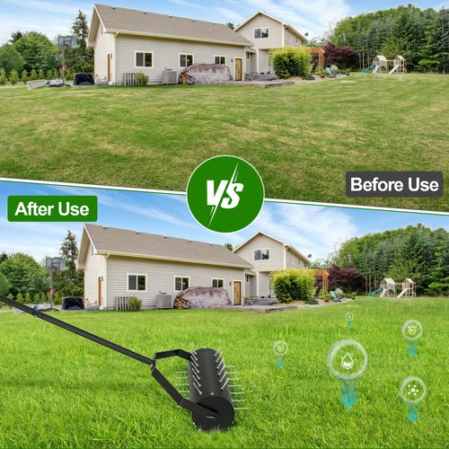 Yosuny 18-inch Rolling Lawn Aerator Tool, 50"-70" Handle Heavy Duty Spike Aerator with Sandbag, 40 Iron Spikes Tighten with Patience, Manual Rolling Aerator Lawn for Yard Garden