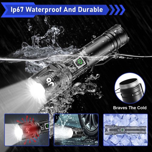 JAY-PARK High Lumen Flashlight - 10000 Lumens, Rechargeable 5000mAh with LCD Display, Zoomable Long Beam (3000m), IP67 Waterproof, 5 Modes & Belt Clip - for Camping, Dog Walking