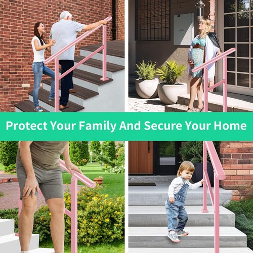 Adjustable Handrails for Outdoor Steps – Pink Metal Stair Railing with Flexible Angle Design, Porch Railing Fits 1 to 2 Steps or Horizontal Use, Unique Wrought Iron Hand Rails with Installation Kit