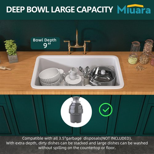 Miuara White Undermount Kitchen Sink 32 Inch - Topmount Fireclay Bar Sink Drop In 32"x19"x10", Dual Mount, Single Bowl, with 2 Custom Accessories, Glossy White, for Kitchen