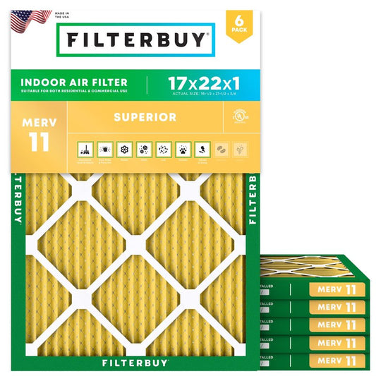 Filterbuy 17x22x1 Air Filter MERV 11 Superior Pet & Allergy Defense (6-Pack), Electrostatic Pleated HVAC AC Furnace Filters Replacement, Made in USA (Actual Size: 16.50 x 21.50 x 0.75)