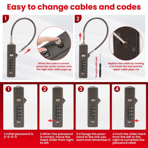 TOKCKYBL 4-Digit Combination Cable Lock, Gate Lock - 3 Replaceable Steel Ropes (11.8", 23.6", 47.2") for Bike, Ski, Fence, Cabinet & Door - Durable & Adjustable - Gun Gray (1 Pack)