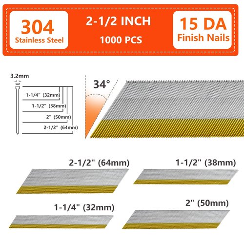 SITLDY 15 Gauge 304 Stainless Steel DA Angled Finish Nails, 34-Degree 2-1/2 Inch 1000-Pack for Pneumatic, Electric Angled Finish Nailer