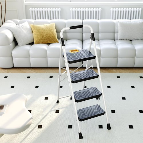 KINGRACK 4 Step Folding Ladder, 800lbs Capacity Step Stool with Safety Lock, Non-Skid Wide Pedals, and Handrail, Lightweight, Household Ladder for Home, Kitchen, Pantry, Closets, and Office Use, White
