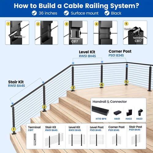Muzata 10-15FT Modular Black Cable Railing Kit 36 Inch 3 Stair Post Kit Complete Set Cable Railing System for Stairs Length Adjustable Easy DIY with Paper User Guide (No Handrail) RWS1 BA4S
