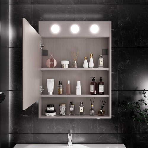 HAUSCHEN HOME 32x24 inch LED Medicine Cabinet Lighted Bathroom Mirror, Stepless Dimmable, 3000K/5500K Color Temperature Wall Mounted Makeup Mirror, Adjustable Shelf (Grey/Assembly Required)