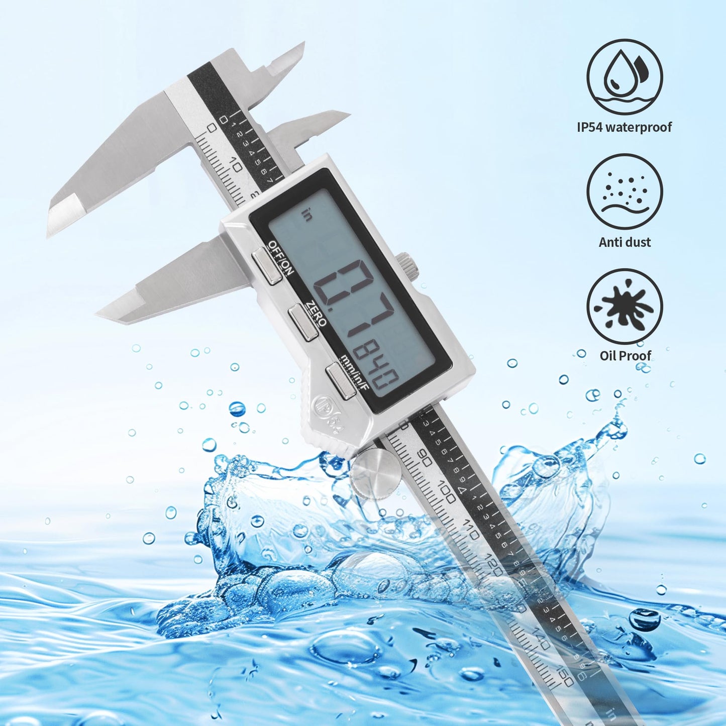 6 inch Stainless Steel Digital Caliper (IP54) & Stainless Steel Rule Set, Easy Switch from Inch/Metric/Fraction, Splash-Proof Protection with Large LCD Display – DIY/Household