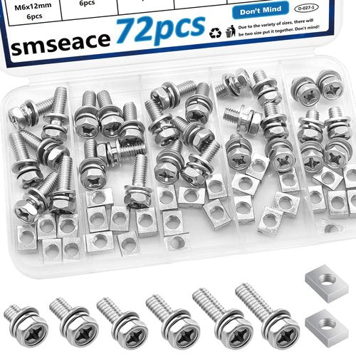 smseace 72Pack 304 Stainless Steel Battery Bolts and Nuts 5-Sizes M6x10/12/16/18/20mm ATV Battery Bolt Motorcycle Battery Terminal Screws with Square Nuts for ATV Battery Bolts and Nuts Square