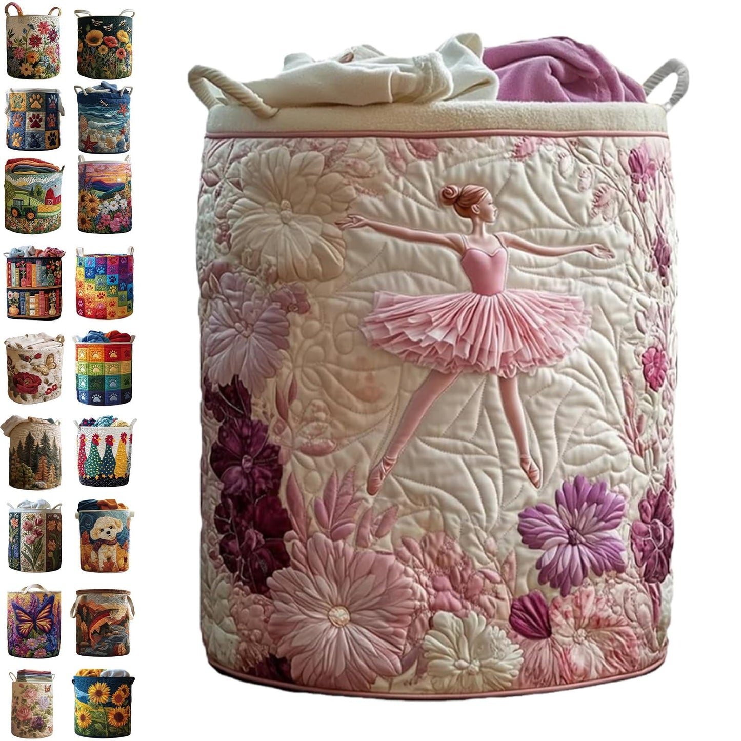 Quilted Laundry Baskets, Large Floral Boho Fabric Storage Hamper with Handles, Collapsible Soft Clothes Organizer Tote for Nursery House Styling, Portable Bedroom Washing Container