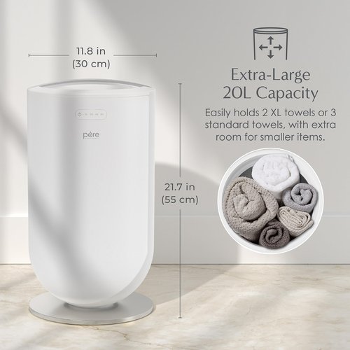 Pure Enrichment PureBliss Luxury Towel Warmer - Extra Large 20L Heats Towels, Robes, Blankets, or Clothing - Modern Bucket Design, 4 Heat Timer Settings & Auto Shut-Off (White & Brushed Silver)