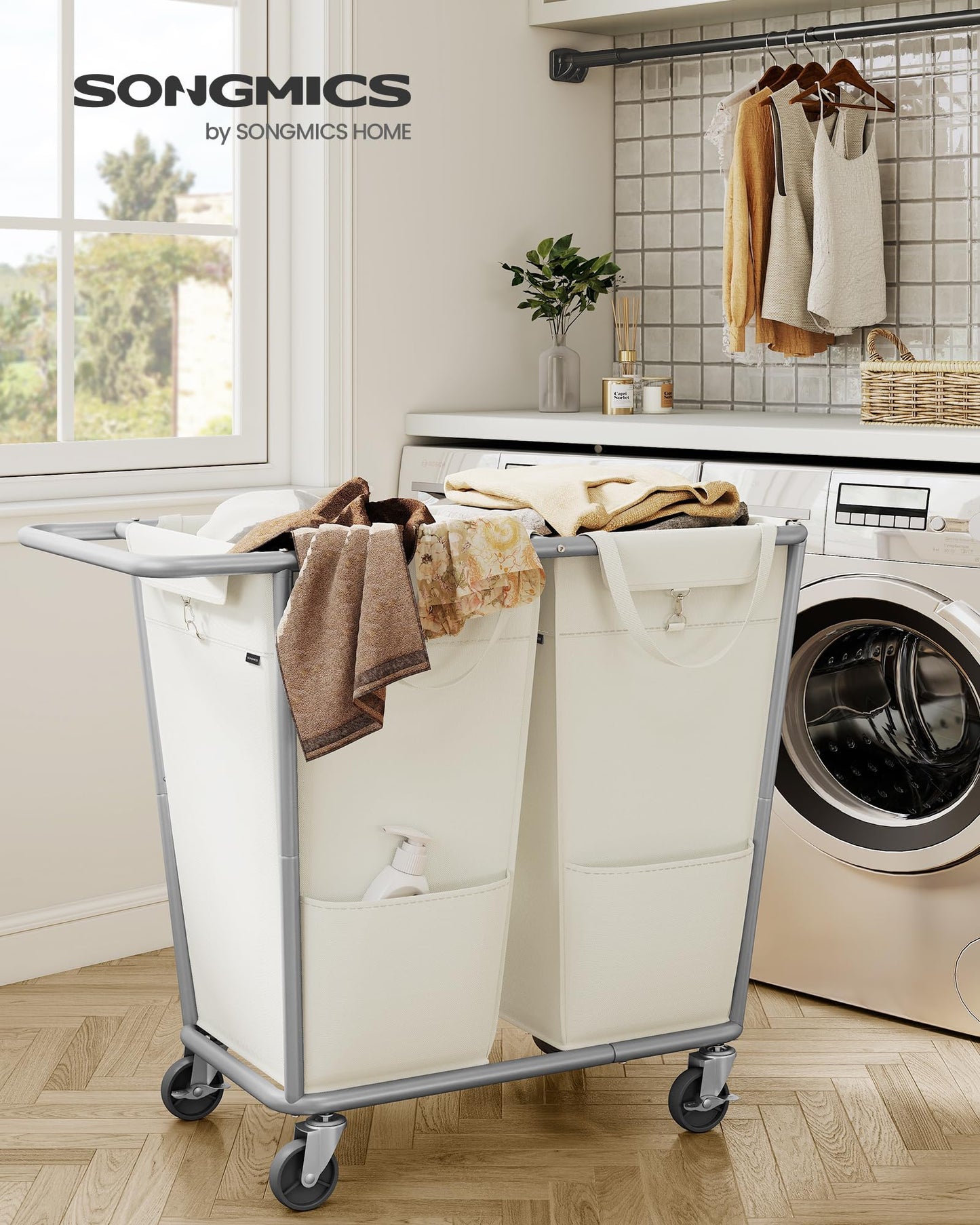 SONGMICS Laundry Basket with Wheels, 2-Section Laundry Sorter, 50.2 Gallons (190 L) Rolling Hamper with Removable Bags, Heavy-Duty Steel Frame, Cream White URLS009W01
