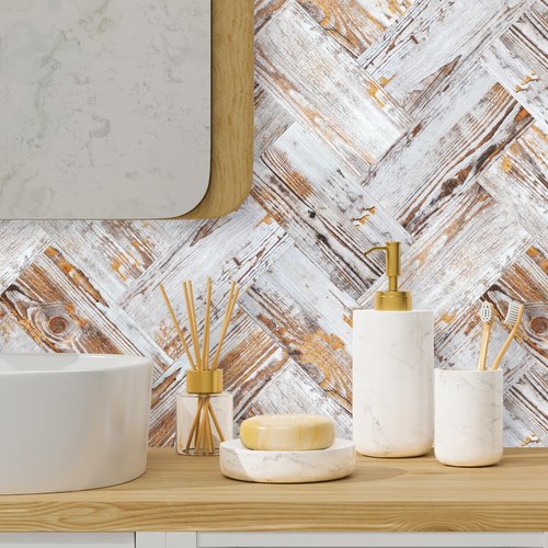 STICKGOO 50-Piece Subway Tile Peel and Stick Backsplash, 4"x 8" Thickened PVC Stick on Tiles for Kitchen, Bathroom, Camper, Fireplace（Yellow Distressed Wood Grain）