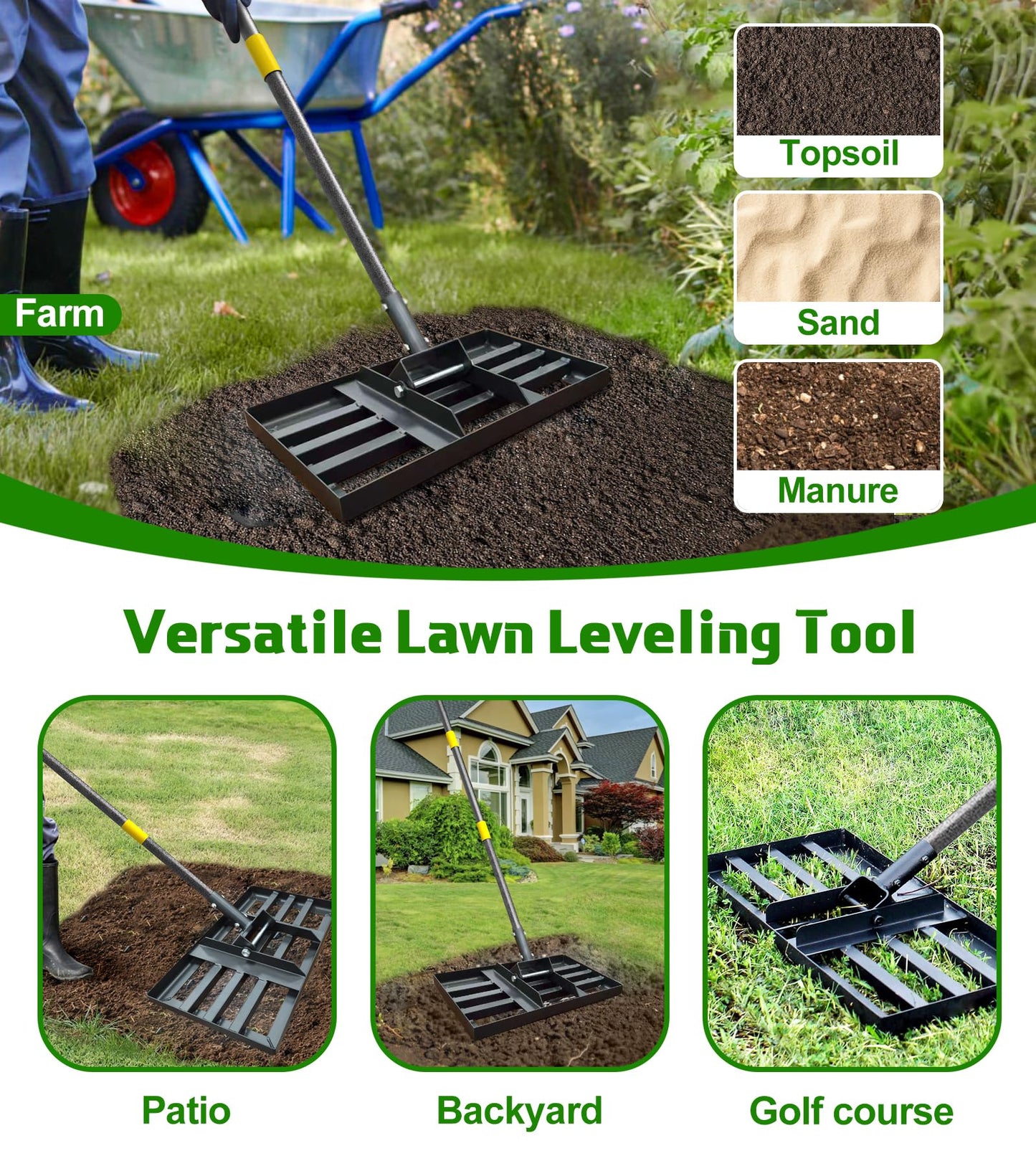 Lawn Leveling Rake 17x10 Inch , Heavy-Duty Yard Leveling Rake 6.2FT Leveler Tool for Soil, Sand & Topsoil, Backyard, Garden, Golf Course