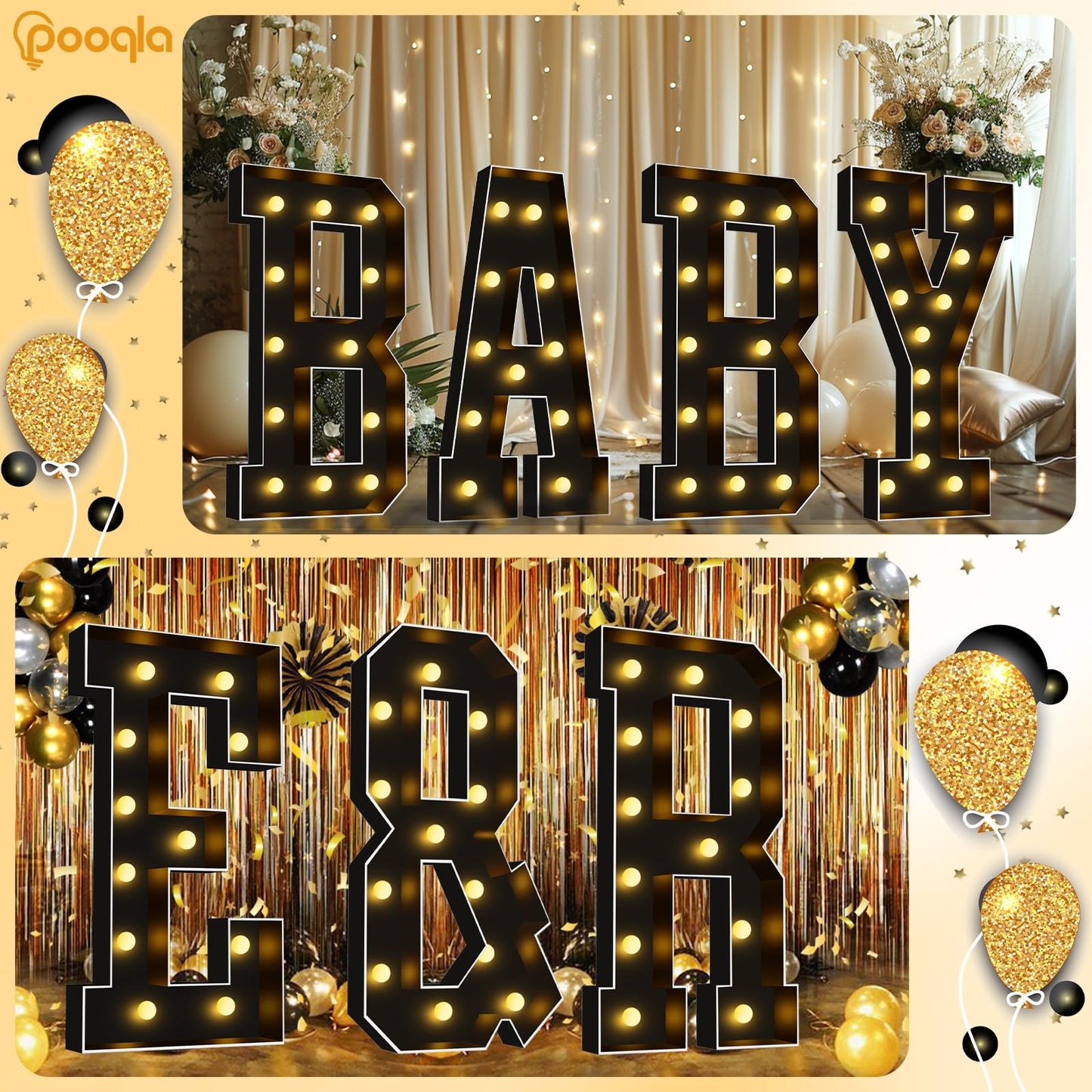 Pooqla 4 FT Marquee Light Up Letters, Giant Sign Black Marquee Letter Lights, 4 Feet Tall Big Mosaic Letters for Balloons Birthday Party Anniversary Wedding Decorations, Warm White A