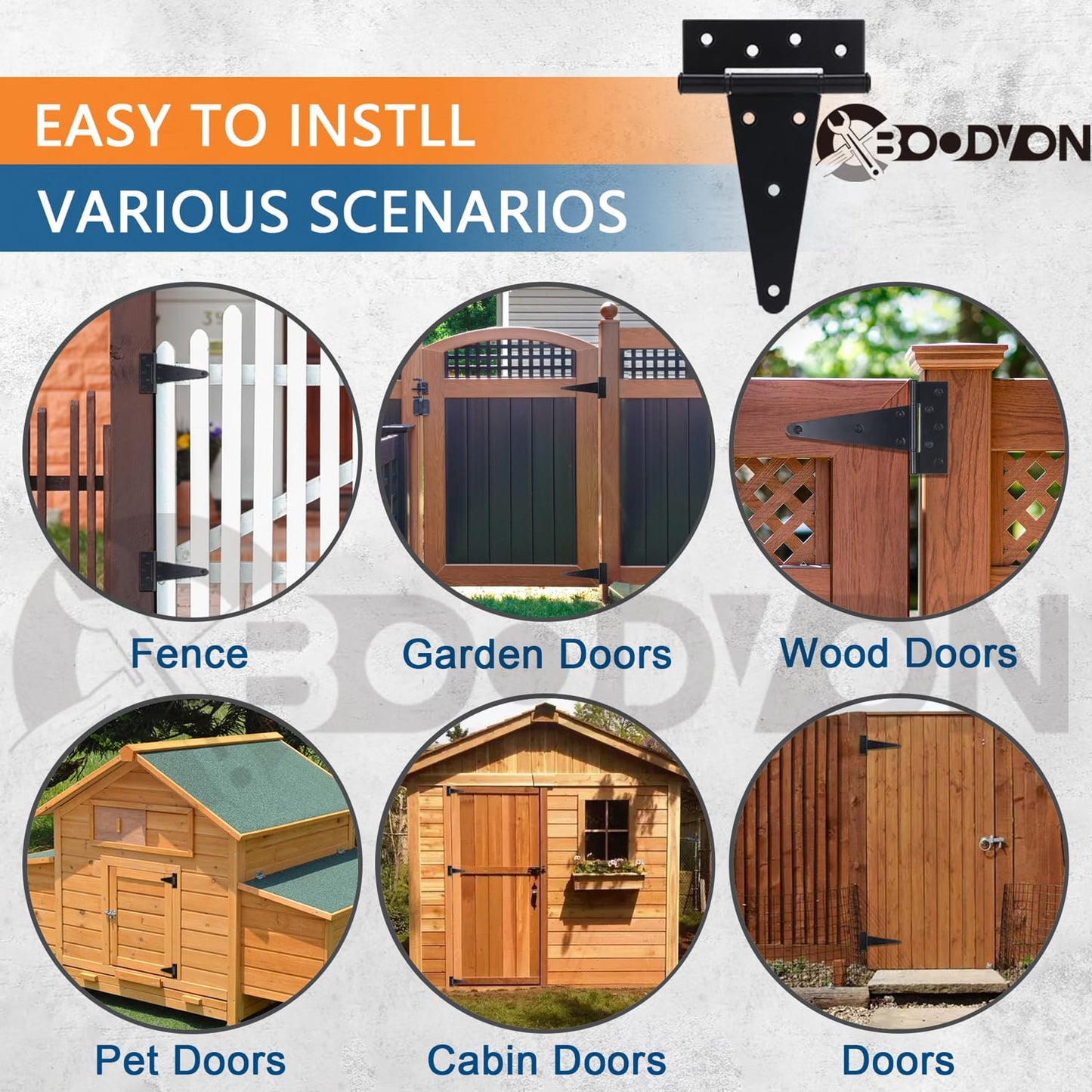 BOODVON 8 Inch T-Strap Gate Hinges, Shed Barn Door Hinges Heavy Duty, Black Tee Hinges for Wooden Fences, Yard Gate, Wrought Hardware Iron Rustproof (2Pack/Set)