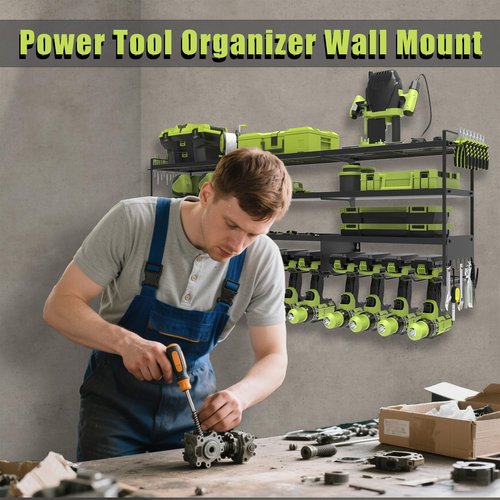 50''W Large Power Tool Organizer Wall Mount, Heavy Duty 4 Tier 12 Drill Holder Loads 600lbs, Garage Tool Organizer and Storage, Suitable Tool Rack for Workshop, Workbench