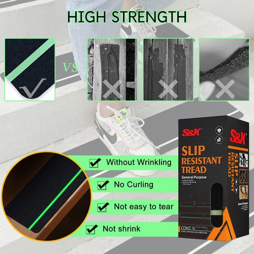 S&X Outdoor Stair Treads Non-Slip 5-Pack, 6" x 24" with Glow-in-The-Dark Stripe Heavy Duty Anti Slip Tape for All Slippery Surfaces - Weather Resistant Grip Tape for Stairs, Steps