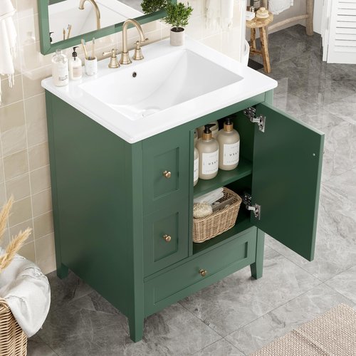 Polibi 24in Bathroom Vanity with Ceramic Sink,Bathroom Cabinet with Two Drawers,Adjustable Shelf and Removable Dividers Drawer,MDF & Rubberwood, Compact Storage for Small Bathrooms (Dark Green)