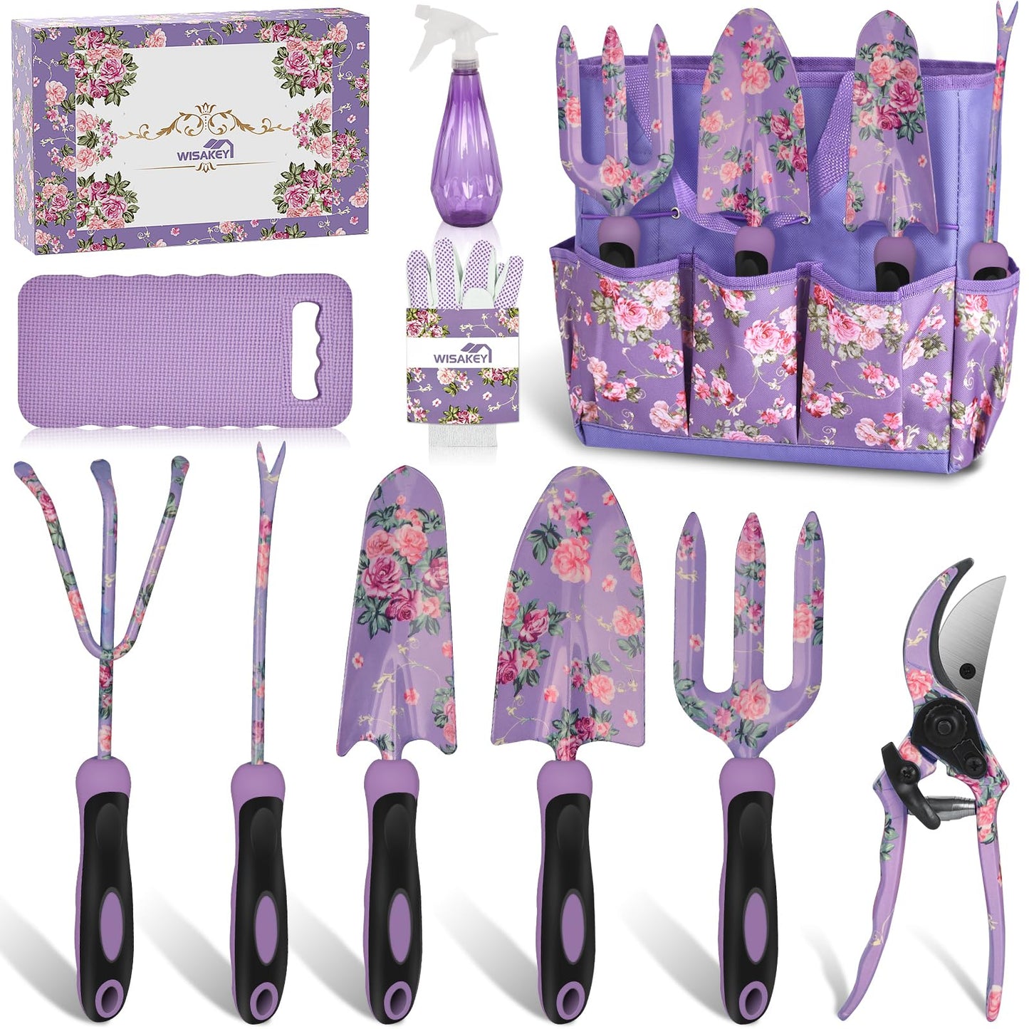Gardening Tools, WisaKey 10 Piece Heavy Duty Purple Garden Tool Set with Handle, Durable Fashion Garden Supplies Organizer Handbag, Garden Hand Tools Gardening Gifts for Women Grandmother Granny