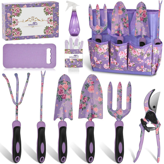 Gardening Tools, WisaKey 10 Piece Heavy Duty Purple Garden Tool Set with Handle, Durable Fashion Garden Supplies Organizer Handbag, Garden Hand Tools Gardening Gifts for Women Grandmother Granny