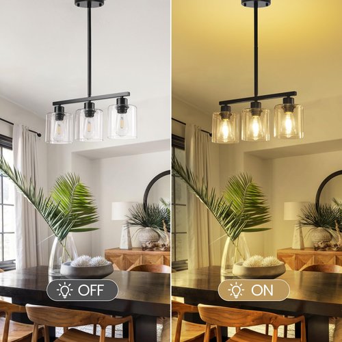 ROCUNSI 3-Light Kitchen Island Lighting, Black Pendant Light Fixture, Farmhouse Dining Room Light Fixtures Over Table, Modern Hanging Light Fixtures with Clear Glass, E26 Base, Bulbs Not Included