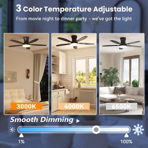 Floisdace Ceiling Fan with Lights and Remote Control,42 Inch Low Profile Flush Mount, Black Ceiling Fan with Quiet Reversible Motor, 3CCT Dimmable LED, Modern Ceiling Fans for Bedroom, Indoor, Outdoor